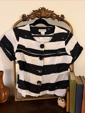 Vintage Lino USA Black & White Striped Button-Front Top w/shoulder pads.